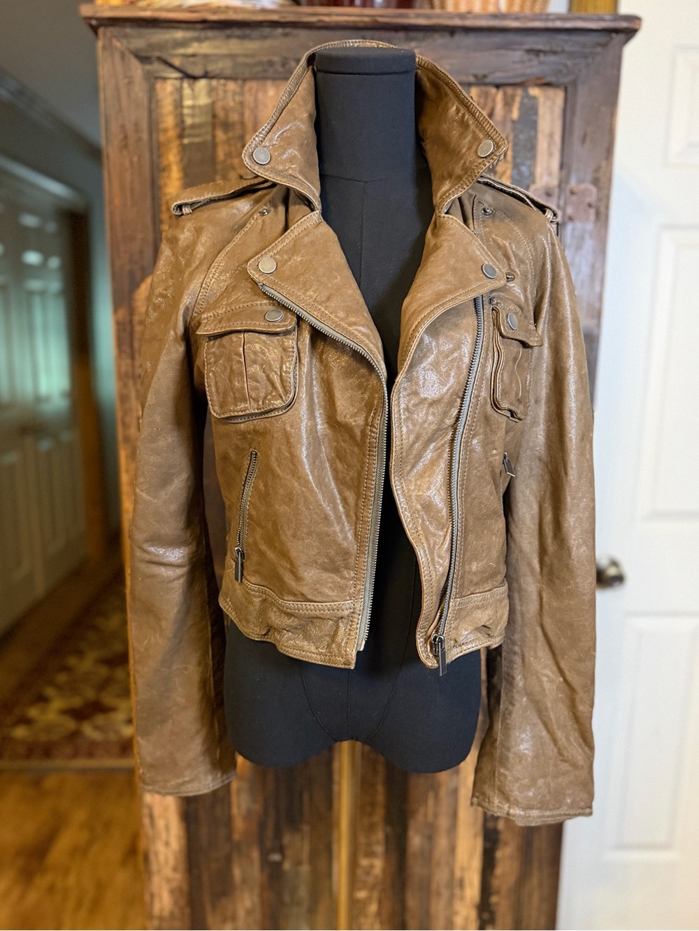 Bebe Womens S 100% Leather Moto Jacket Brown Distressed Y2K Biker Motorcycle